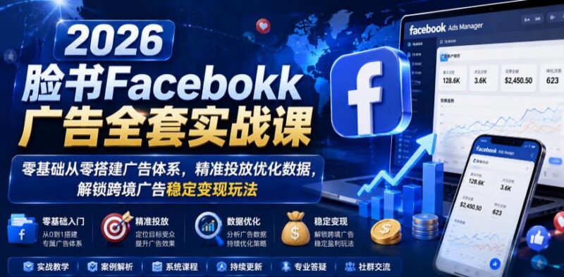 2026脸书Facebook广告全套实战课,零基础从零搭建广告体系,精准投放优化数据,解锁跨境广告稳定变现玩法-三零资源