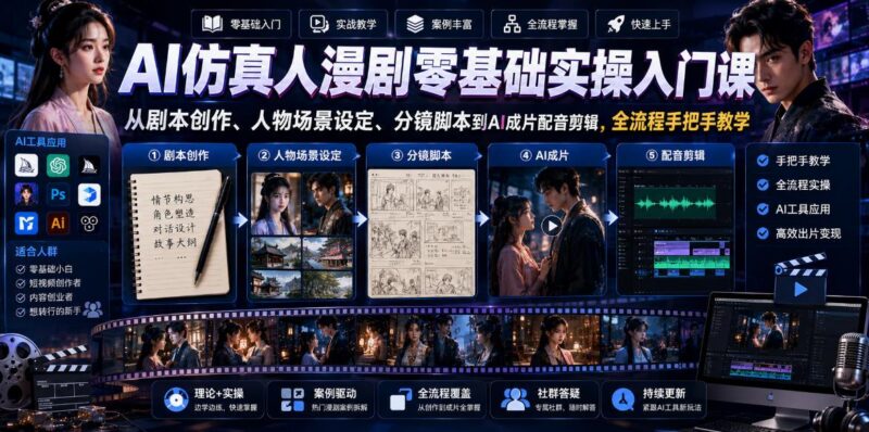 AI仿真人漫剧零基础实操入门课,从剧本创作、人物场景设定、分镜脚本到AI成片配音剪辑,全流程手把手教学-三零资源