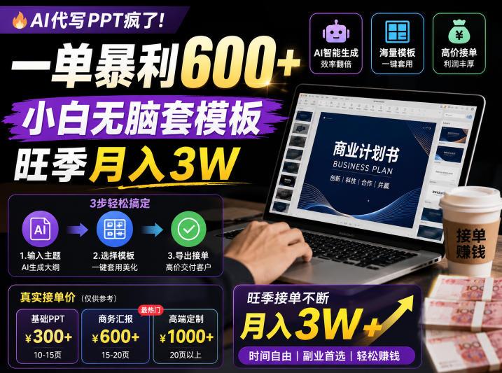 AI代写PPT疯了！一单暴利600+，小白无脑套模板，旺季月入3W，不用苦哈哈引流【揭秘】-三零资源