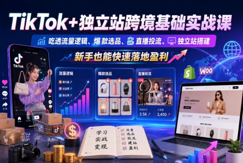 TikTok+独立站跨境基础实战课,吃透流量逻辑、爆款选品、直播投流与独立站搭建,新手也能快速落地盈利-三零资源