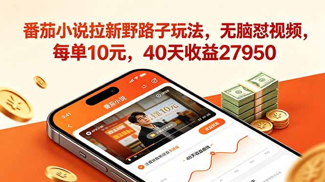 番茄小说拉新野路子玩法,无脑怼视频,每单10元,40天收益27950-三零资源