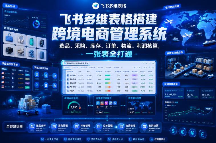 飞书多维表格搭建跨境电商管理系统,选品、采购、库存、订单、物流、利润核算,一张表全打通-三零资源
