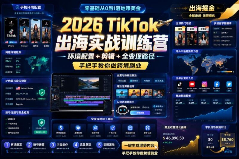 2026 TikTok出海实战训练营,环境配置 + 剪辑 + 全变现路径,手把手教你做跨境副业-三零资源