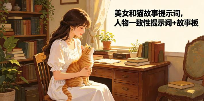 美女和猫故事提示词，人物一致性提示词+故事板-三零资源
