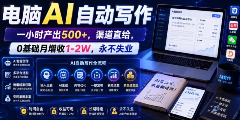 电脑AI自动写作,一小时产出500+,渠道直给,0基础月增收1-2W,永不失业【揭秘】-三零资源