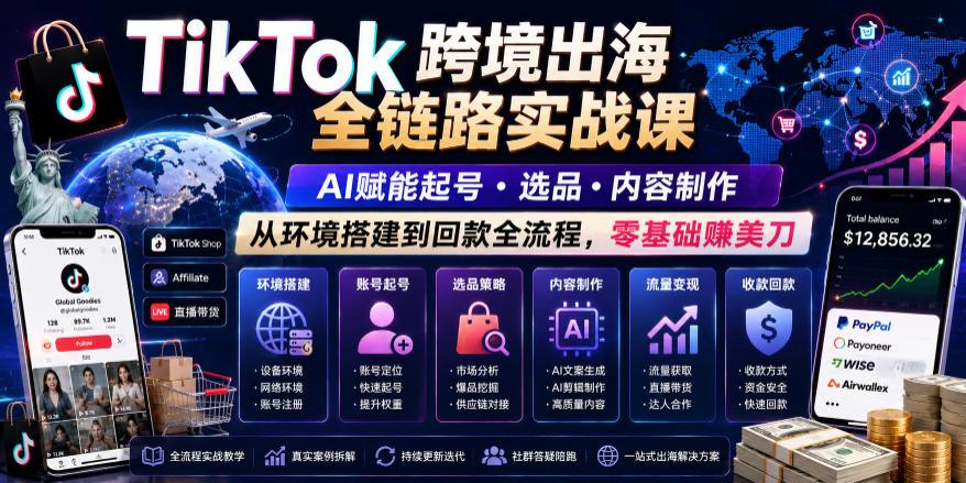 TikTok跨境出海全链路实战课，AI赋能起号・选品・内容制作，从环境搭建到回款全流程，零基础賺美刀