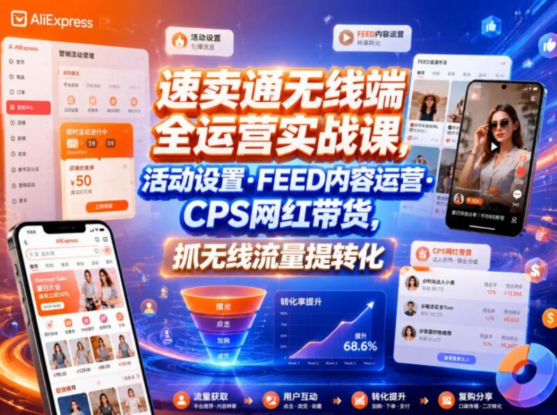 速卖通无线端全运营实战课,活动设置・FEED内容运营・CPS网红带货,抓无线流量提转化-三零资源