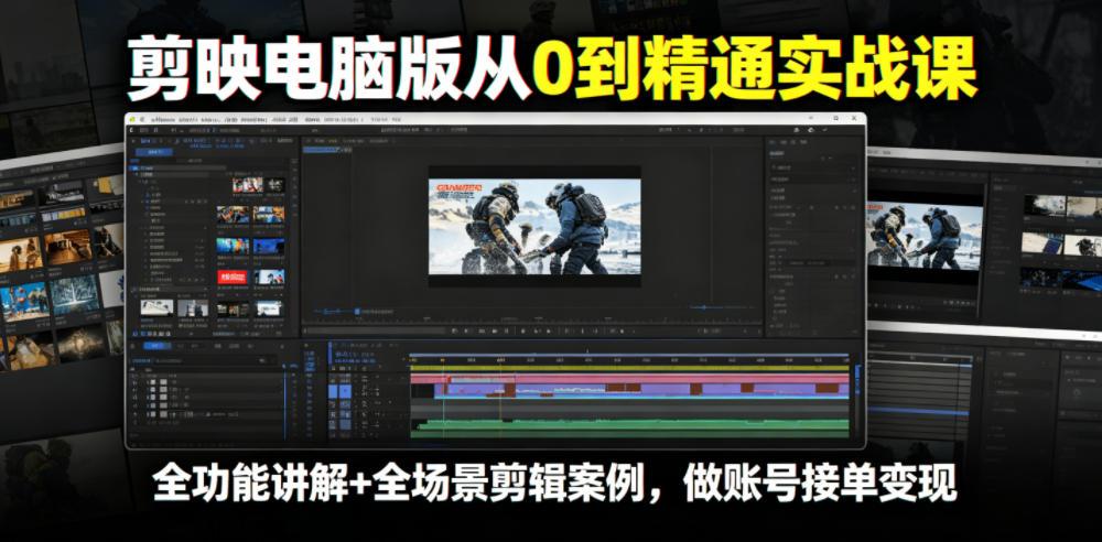 剪映电脑版从0到精通实战课,全功能讲解+全场景剪辑案例,做账号接单变现