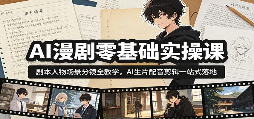 AI漫剧零基础实操课:剧本人物场景分镜全教学,AI生片配音剪辑一站式落地