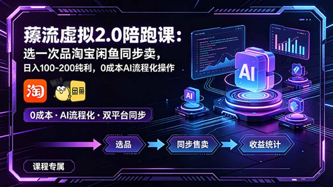 薅流虚拟2.0陪跑课:选一次品淘宝闲鱼同步卖,日入100-200纯利,0成本AI流程化操作