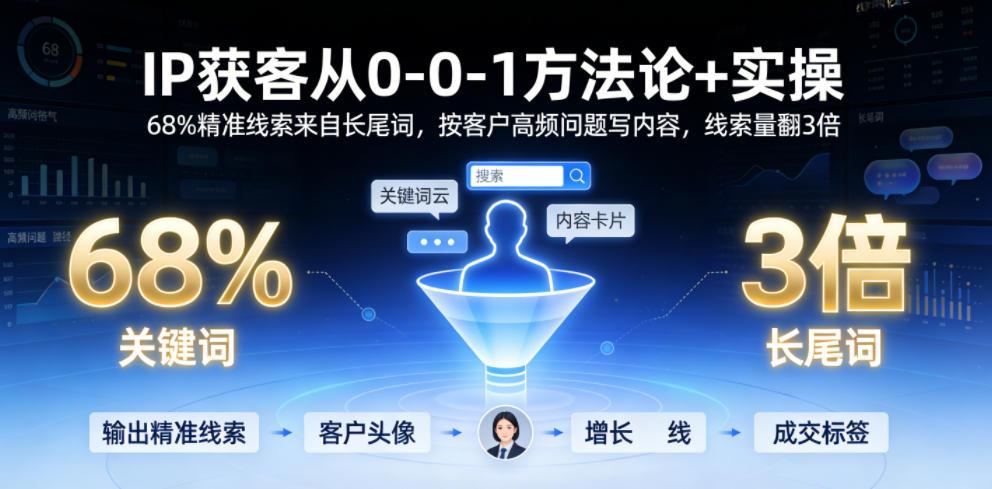 IP获客从0-1方法论+实操，68%精准线索来自长尾词，按客户高频问题写内容，线索量翻3倍