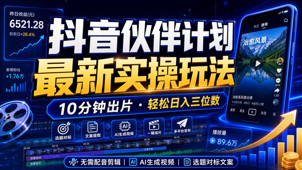 抖音伙伴计划最新暴利玩法,不用找素材和剪辑,10分钟出一条原创视频,轻松日入三位数