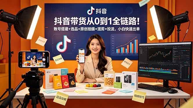 抖音带货从0到1全链路!账号搭建+选品+原创拍摄+混剪+投流,小白快速出单-三零资源