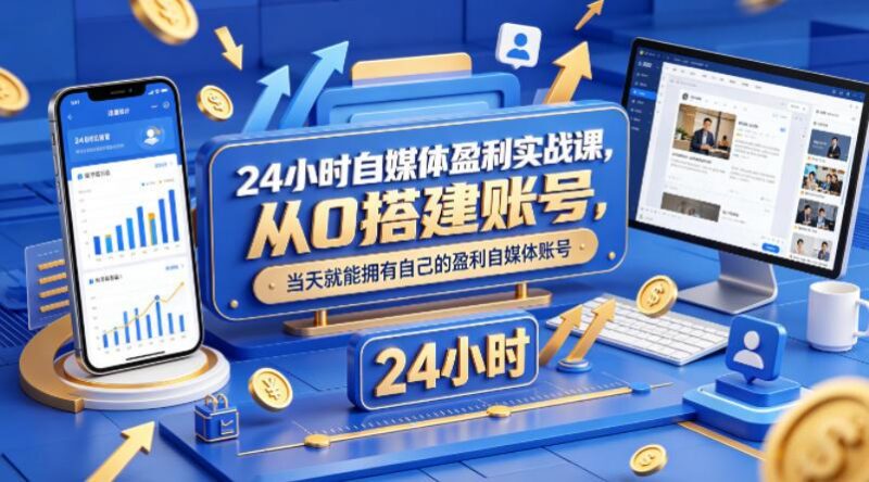 24小时自媒体盈利实战课,从0搭建账号,当天就能拥有自己的盈利自媒体账号-三零资源