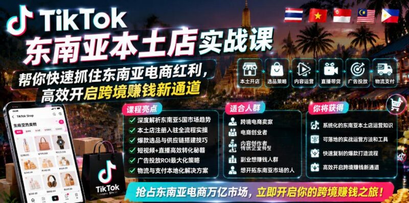 TikTok东南亚本土店实战课,帮你快速抓住东南亚电商红利,高效开启跨境賺钱新通道-三零资源