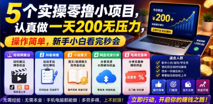 5个实操零撸小项目,认真做一天200无压力,操作简单,新手小白看完秒会【揭秘】-三零资源