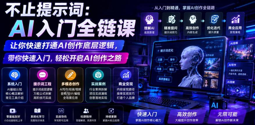 不止提示词:AI入门全链课,让你快速打通AI创作底层逻辑,带你快速入门,轻松开启AI创作之路