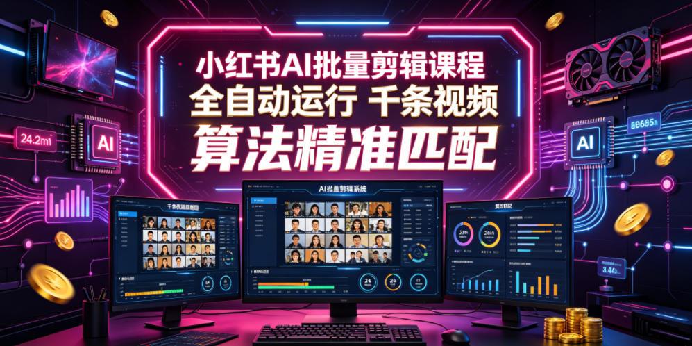 小红书AI批量剪辑课程,24小时全自动运行,解放双手专注运营,千条视频批量处理,小红书算法精准匹配