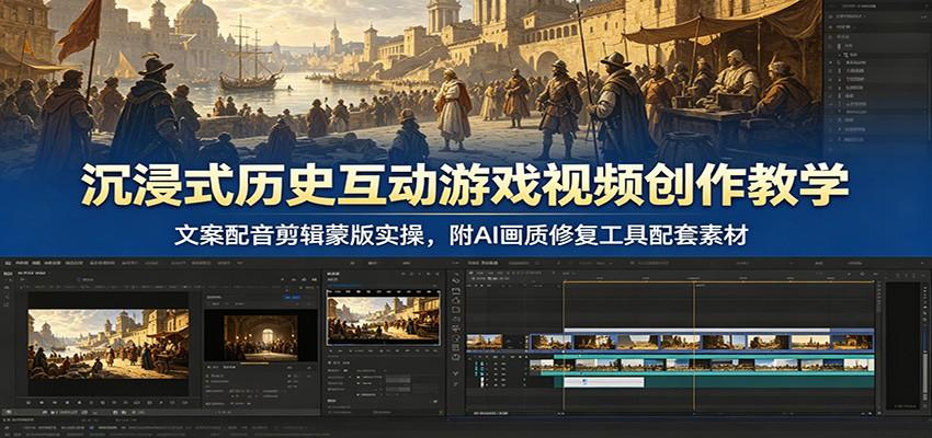沉浸式历史互动游戏视频创作教学:文案配音剪辑蒙版实操,附AI画质修复工具配套素材