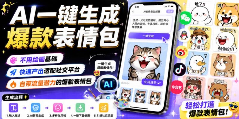 AI一键生成爆款表情包,不用绘画基础,快速产出适配社交平台,自带流量潜力的爆款表情包-三零资源