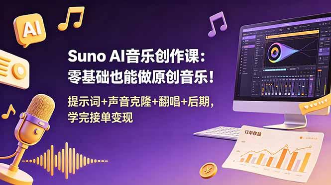 Suno AI音乐创作课:零基础也能做原创音乐!提示词+声音克隆+翻唱+后期,学完接单变现-三零资源