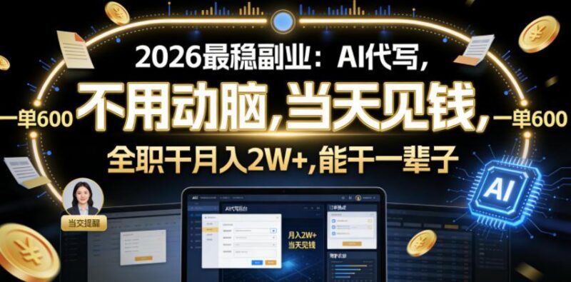2026最稳副业：AI代写，不用动脑，当天见钱，一单600，全职干月入2W+，能干一辈子【揭秘】-三零资源