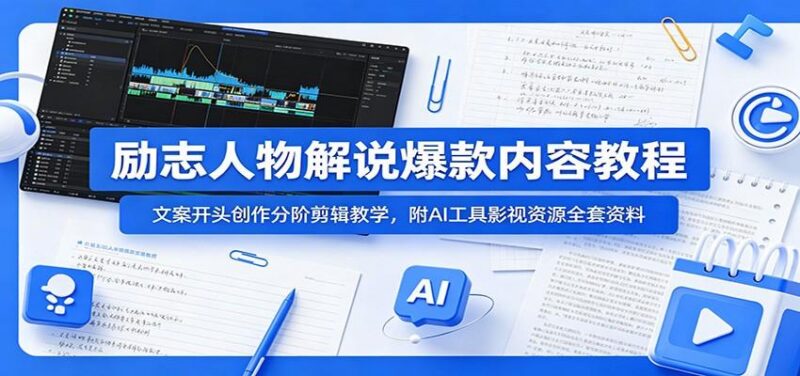 励志人物解说爆款内容教程:文案开头创作分阶剪辑教学,附AI 工具影视资源全套资料-三零资源
