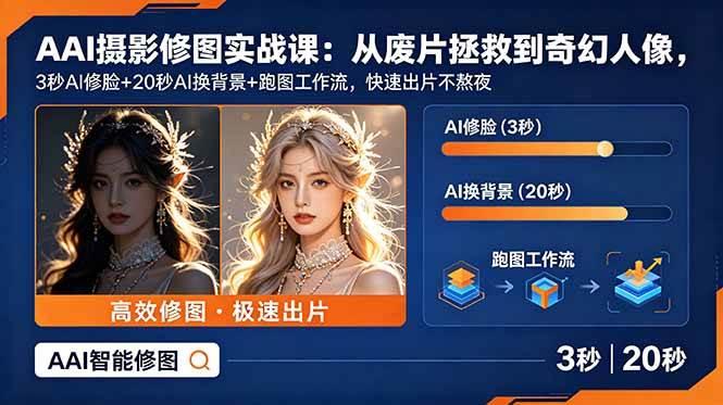 AI摄影修图实战课:从废片拯救 到 奇幻人像,3秒AI修脸+20秒AI换背景+跑图工作流,快速出片不熬夜-三零资源