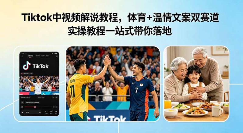 Tiktok中视频解说教程,体育+温情文案双赛道实操教程一站式带你落地,教你出海賺美刀-三零资源