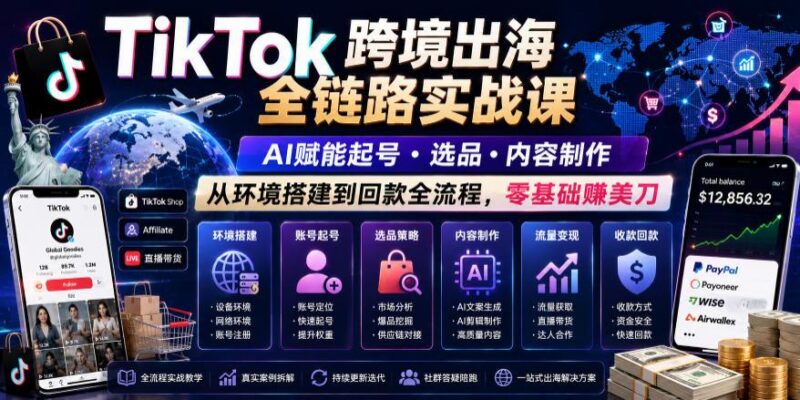 TikTok跨境出海全链路实战课,AI赋能起号・选品・内容制作,从环境搭建到回款全流程,零基础賺美刀-三零资源
