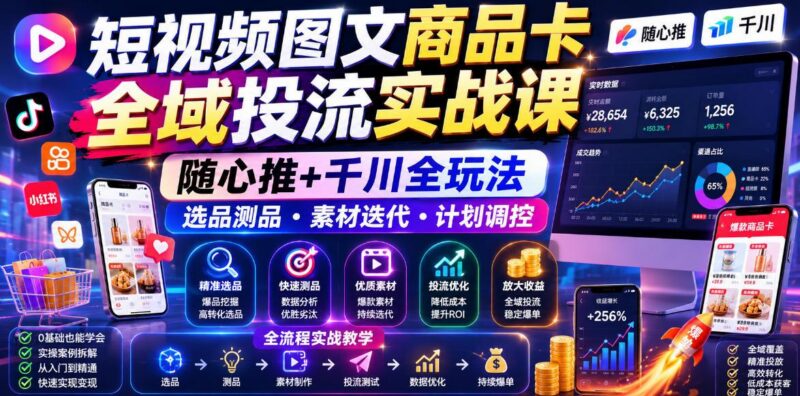 短视频图文商品卡全域投流实战课，随心推+千川全玩法，选品测品・素材迭代・计划调控，提升ROI爆单增收教程-三零资源