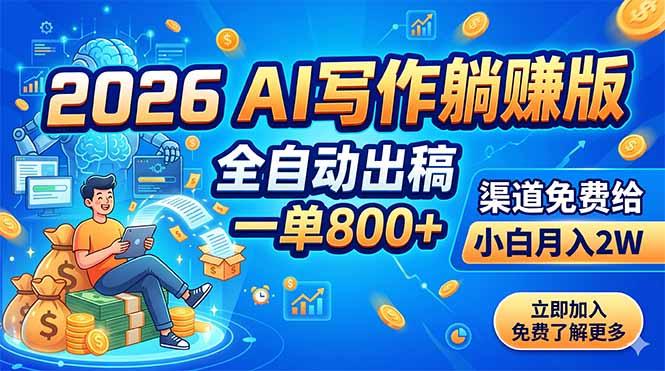 2026 AI写作躺赚版:全自动出稿,一单800+,渠道免费给,小白月入2W-三零资源