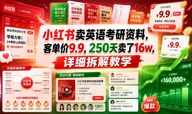 小红书卖英语考研资料，客单价9.9，250天卖了16w，详细拆解教学-三零资源