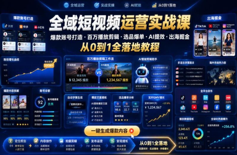 全域短视频运营实战课,爆款账号打造・百万播放剪辑・选品爆单・AI提效・出海掘金,从0到1全落地教程-三零资源