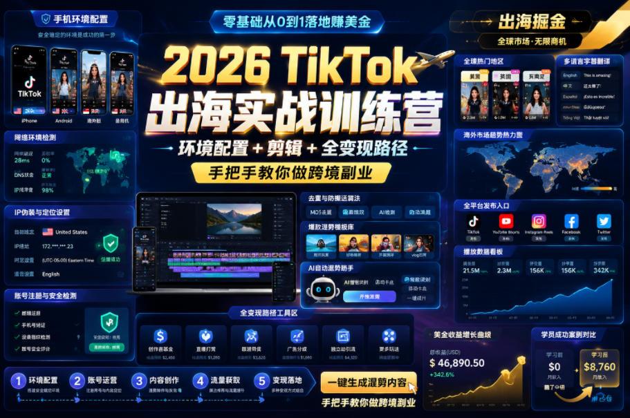 2026 TikTok出海实战训练营，环境配置 + 剪辑 + 全变现路径，手把手教你做跨境副业