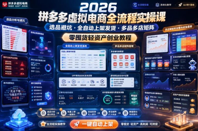 2026拼多多虚拟电商全流程实操课,选品避坑・全自动上架发货・多品多店矩阵,零囤货轻资产创业教程-三零资源