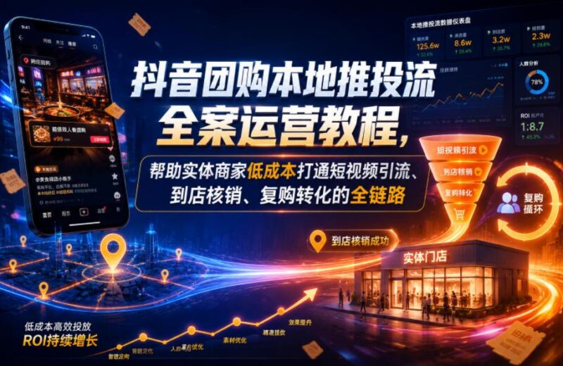 抖音团购本地推投流全案运营教程,帮助实体商家低成本打通短视频引流、到店核销、复购转化的全链路-三零资源