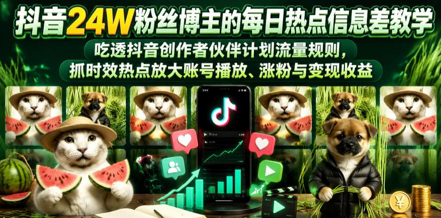 抖音24W粉丝博主的每日热点信息差教学，吃透创作者伙伴计划流量规则，抓时效热点放大账号播放、涨粉与变现收益(更新)