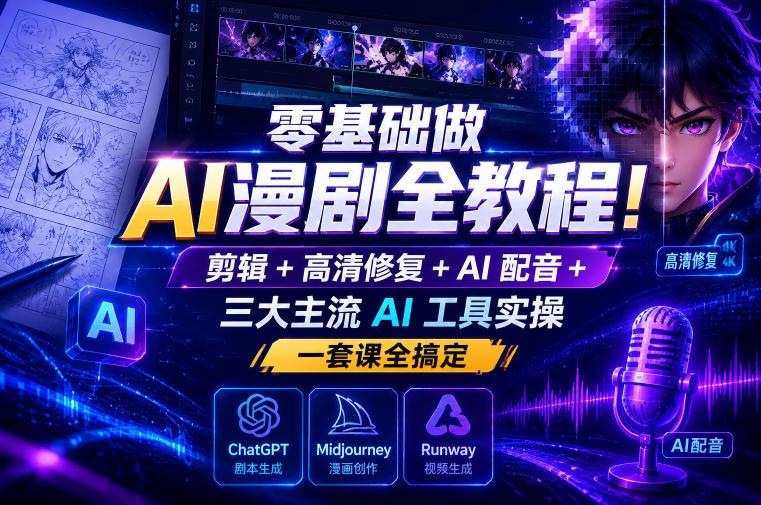 零基础做AI漫剧全教程!剪辑+高清修复+AI配音+三大主流AI工具实操,一套课全搞定-三零资源