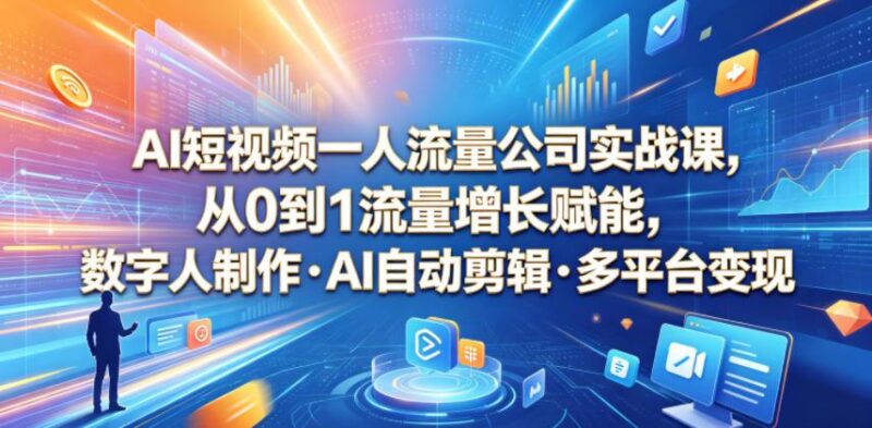 AI短视频一人流量公司实战课,从0到1流量增长赋能,数字人制作・AI自动剪辑・多平台变现,一人做流量生意全落地教程-三零资源