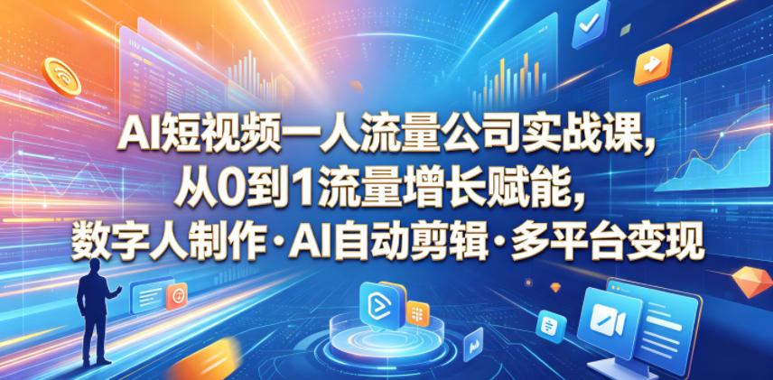AI短视频一人流量公司实战课，从0到1流量增长赋能，数字人制作・AI自动剪辑・多平台变现，一人做流量生意全落地教程