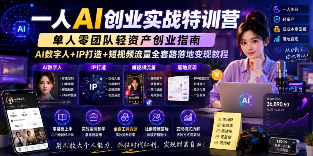 一人AI创业实战特训营,单人零团队轻资产创业指南,AI数字人+IP打造+短视频流量全套路落地变现教程