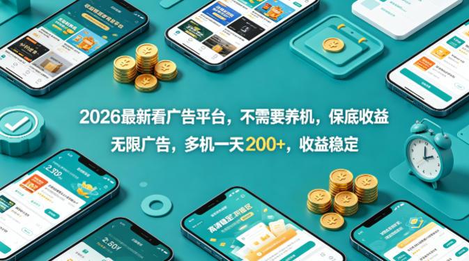 2026最新看广告平台，不需要养机，保底收益，无限广告，多机一天200+，收益稳定【揭秘】-三零资源