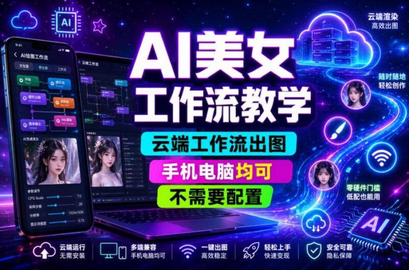 AI美女工作流教学，云端工作流出图，手机电脑均可，不需要配置，快速起号涨粉-三零资源