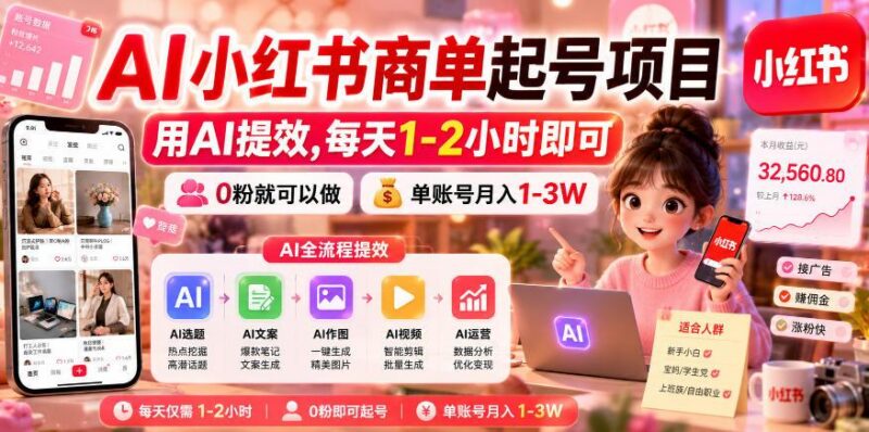 AI小红书商单起号项目，用AI提效,每天1-2小时即可，0粉就可以做，单账号月入1-3W-三零资源