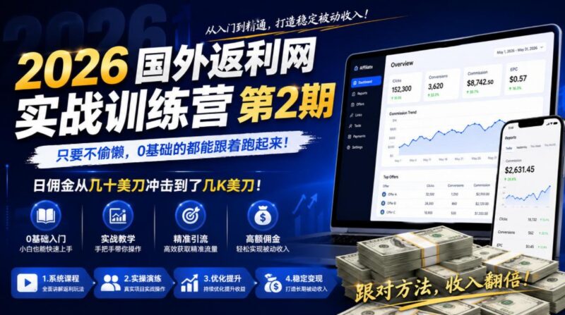 2026年国外返利网实战训练营第2期，只要不偷懒，0基础的都能跟着跑起来，日佣金从几十美刀冲击到了几K美刀-三零资源