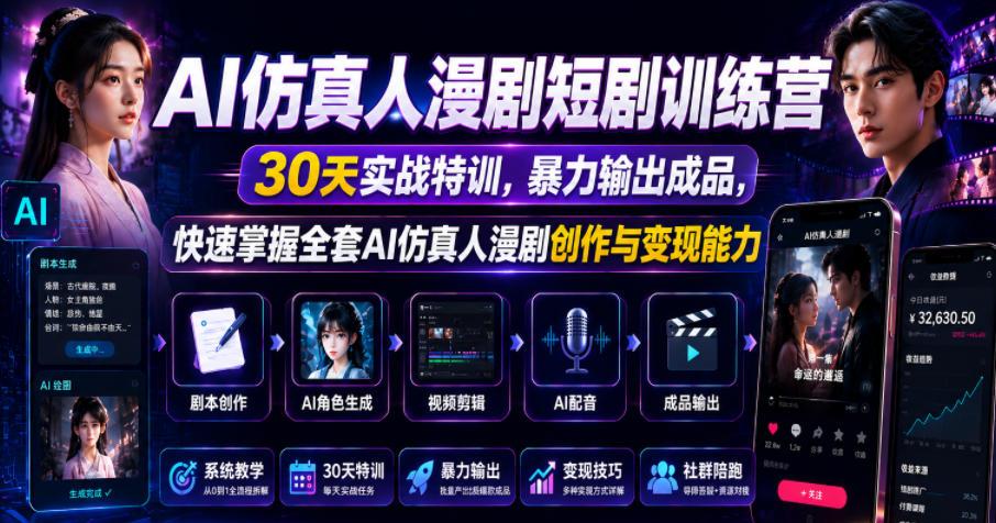 AI仿真人漫剧短剧训练营,30天实战特训,暴力输出成品,快速掌握全套AI仿真人漫剧创作与变现能力