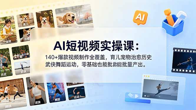 AI短视频实操课:140+爆款视频制作全覆盖,育儿宠物治愈历史武侠舞蹈运动,零基础也能批量产出-三零资源