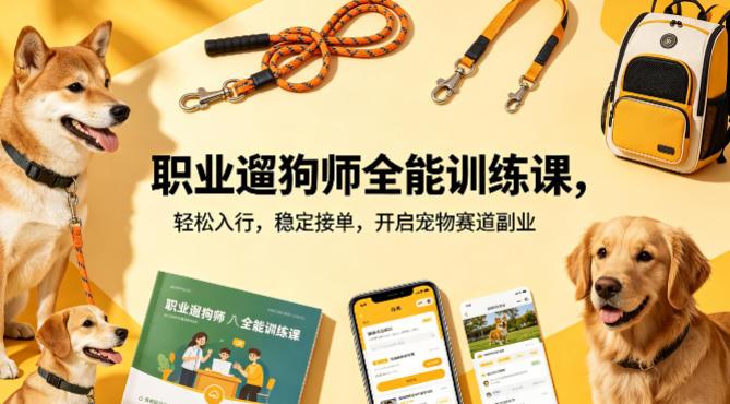 职业遛狗师全能训练课,轻松入行,稳定接单,开启宠物赛道副业-三零资源
