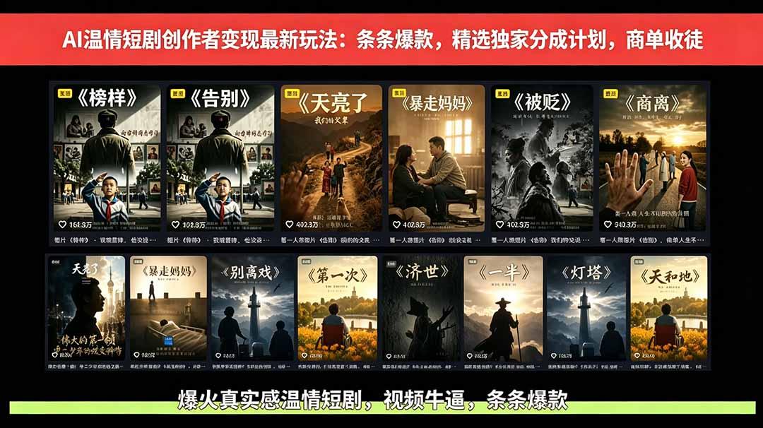 AI温情短剧创作者变现最新玩法:视频牛逼,条条爆款,精选独家分成计划,商单收徒